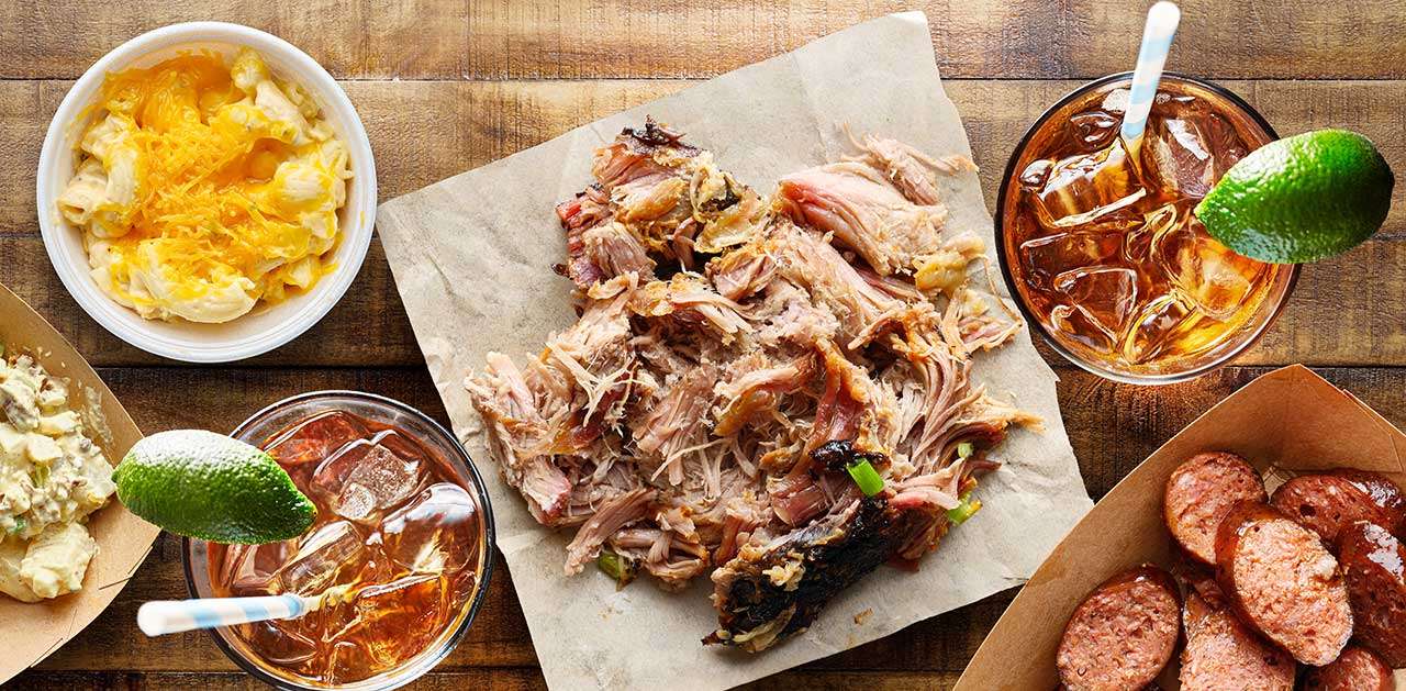 Texas barbecue - pulled pork with sides and sweet tea