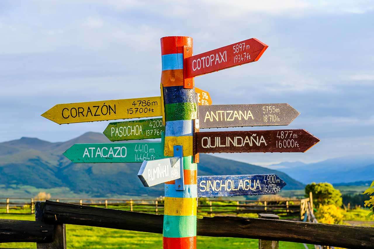 Colorful road sign indicating South America travel destinations