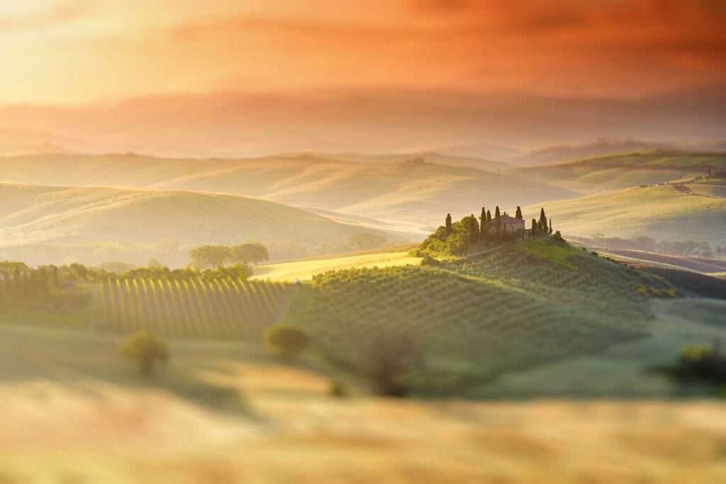 Tuscan landscape view in Val d'Orcia region near Pienza town in Italy