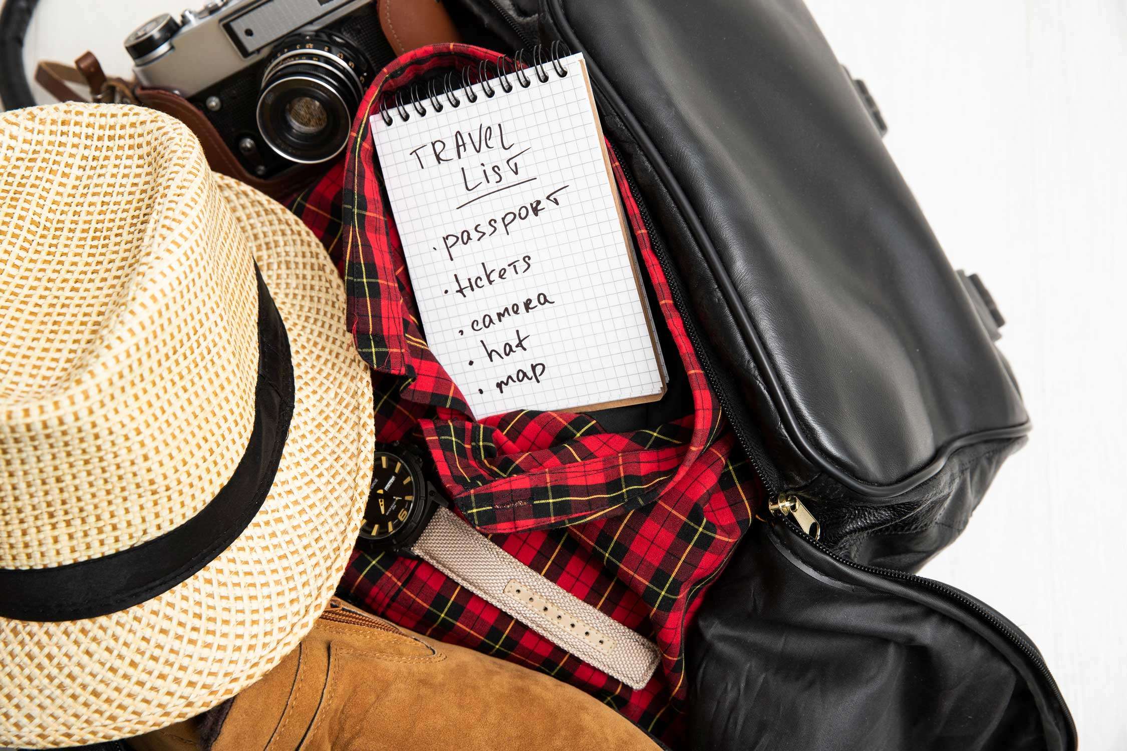 Leather bag packed with travel checklist