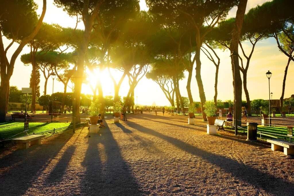 view of the Orange Garden in Rome at sunset