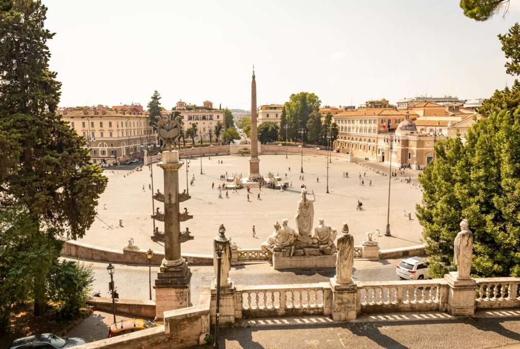 View from the Pincio of Piazza del Popolo urban square with an Egyptian obelisk of Ramesses II in the center in Rome