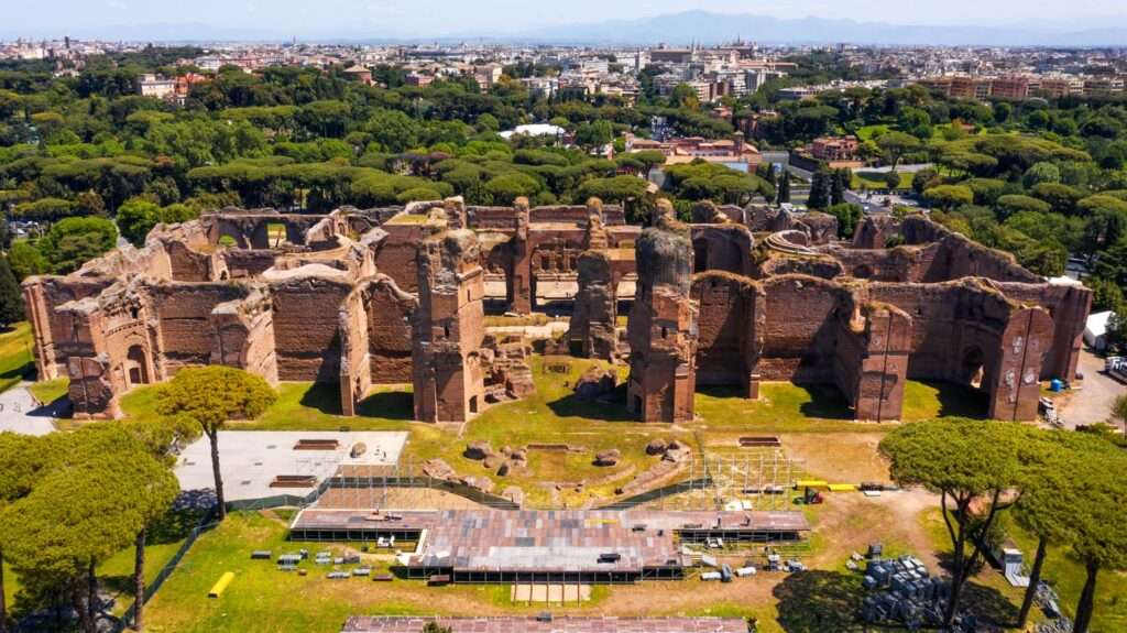 Aerial view of Baths of Caracalla located in Rome