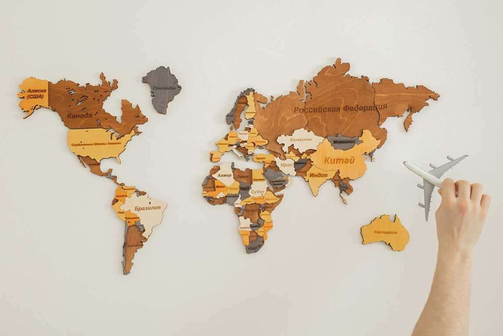 Wooden world map wall