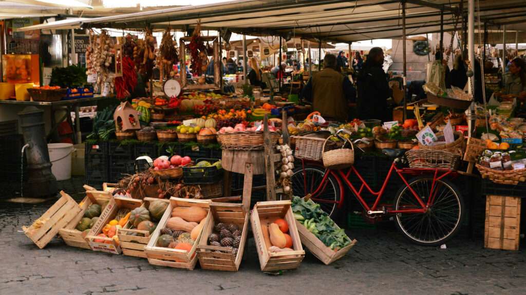 Market stalls in Campo de' Fiori in Rome