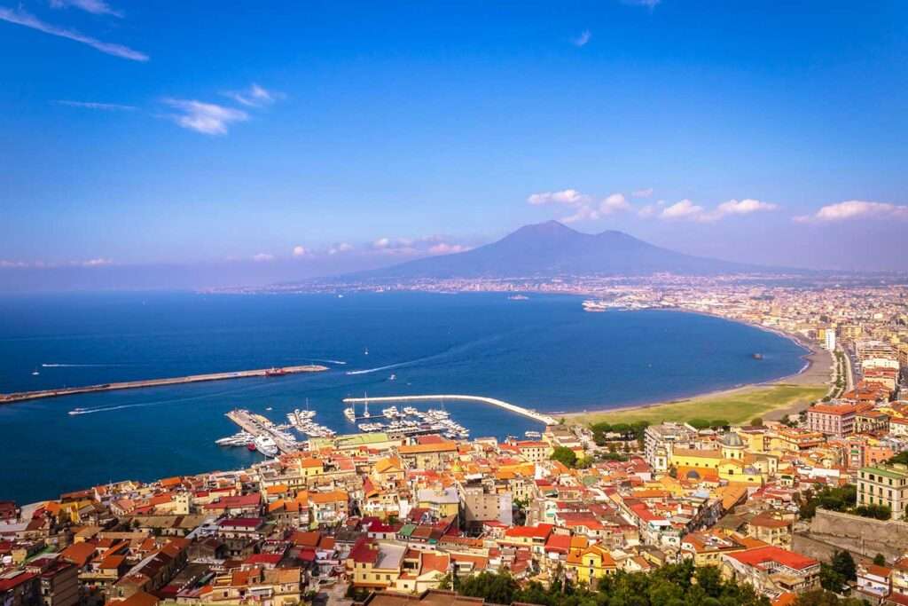 Landscape view of beautiful green mountains and Mount Vesuvius and the Bay of Naples from Mount Faito, Naples (Napoli), Italy