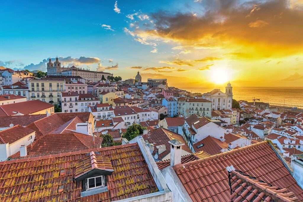 Lisbon Portugal sunrise city skyline at Lisbon Alfama district