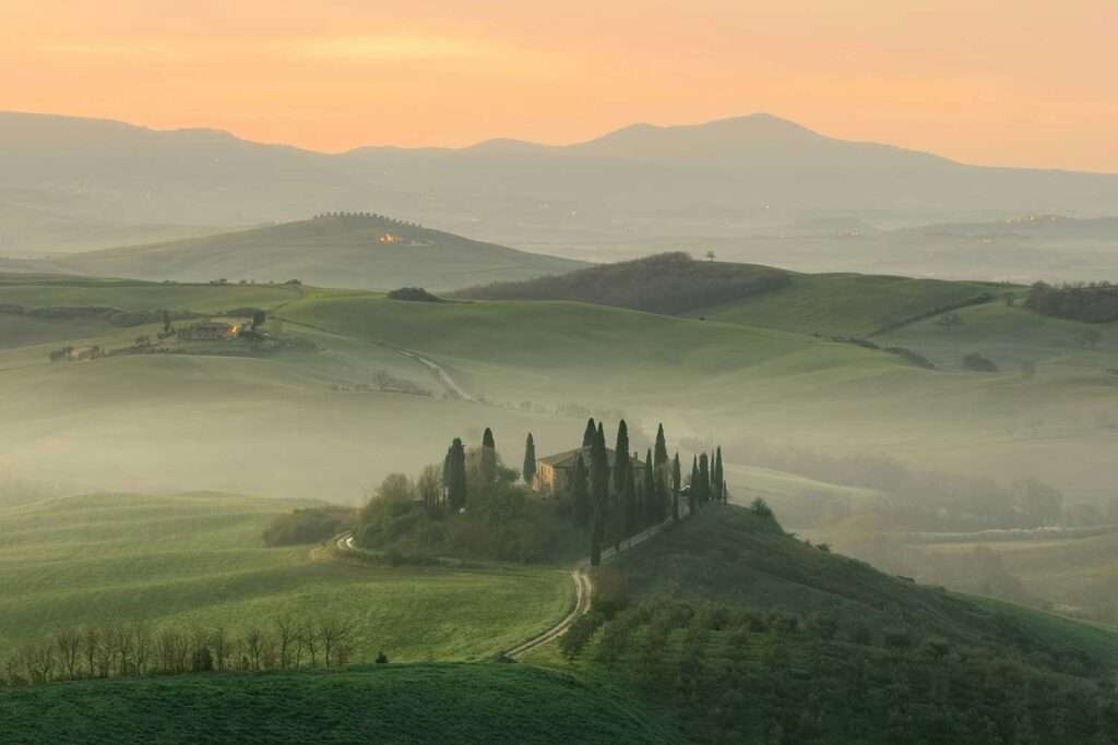 Top view of Tuscan hills with cypresses