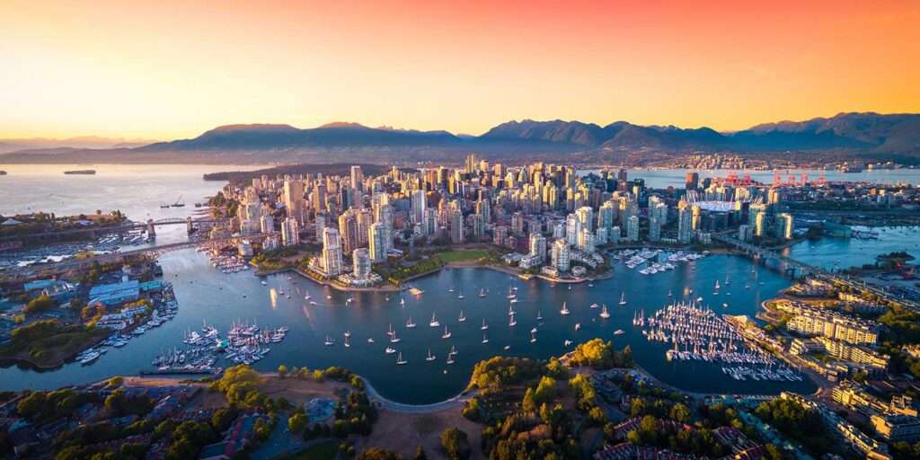 Beautiful aerial view of downtown Vancouver skyline, British Columbia, Canada at sunset 