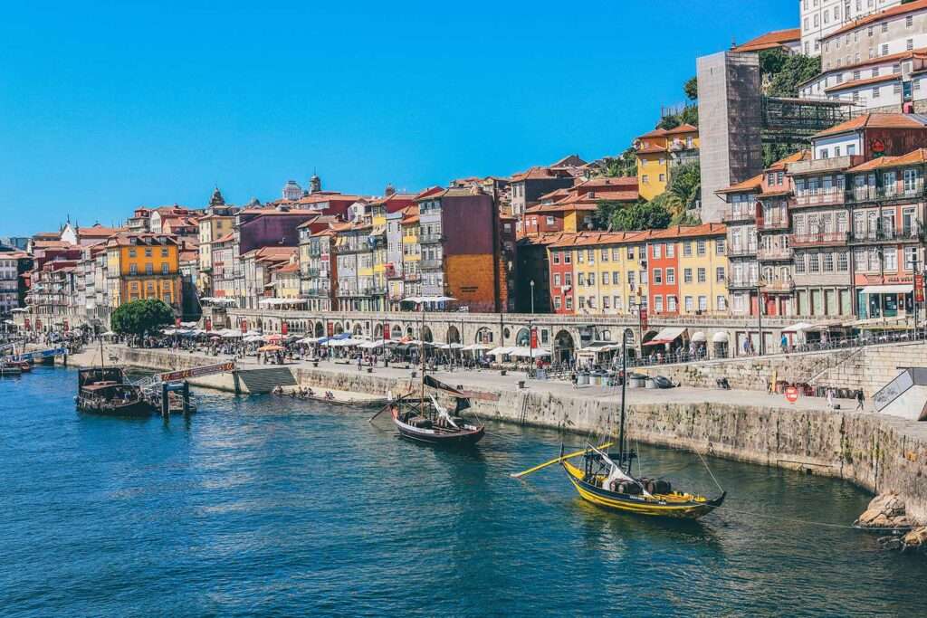View of the Ribeira district from Dom Luís I Bridge in Porto, Portugal.
